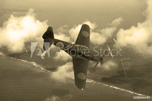 Picture of World War 2 era fighter plane Japnese aricraft N1K-J Shiden known as Geroge by the allies Flying over the pacific Island of Saipan Computer Image Artists impression